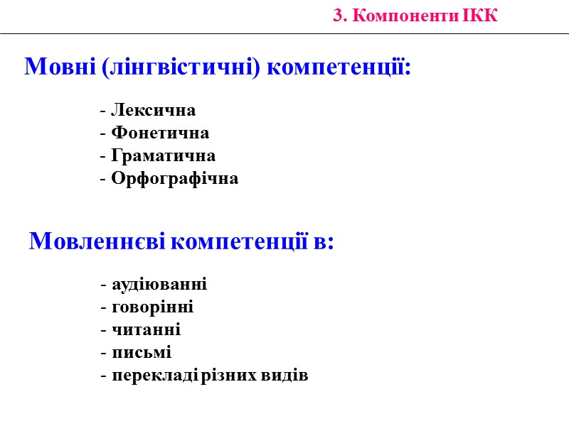 3. Компоненти ІКК Мовні (лінгвістичні) компетенції:  Лексична  Фонетична  Граматична  Орфографічна